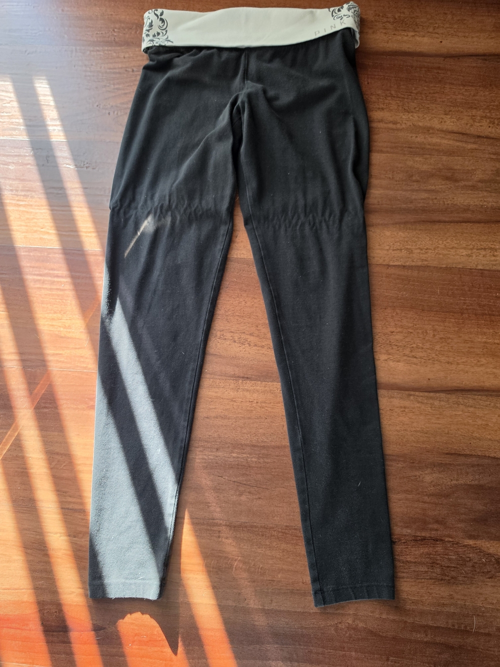 PINK Victoria's Secret Black Leggings with Cream Fold-Over Waistband